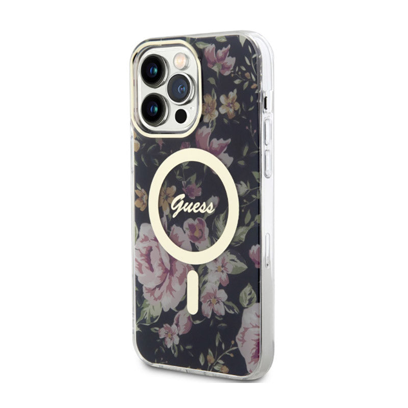 Guess Flower MagSafe – dėklas „iPhone 14 Pro Max“ (juodas)