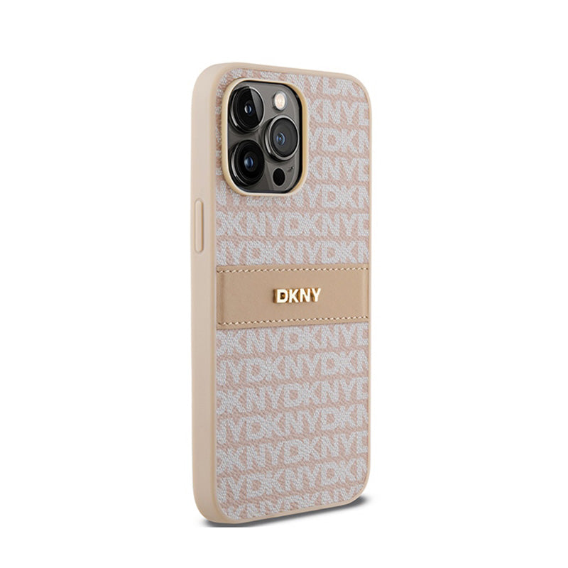 DKNY Leather Mono Stripe & Metal Logo – dėklas iPhone 14 Pro Max (rožinis)