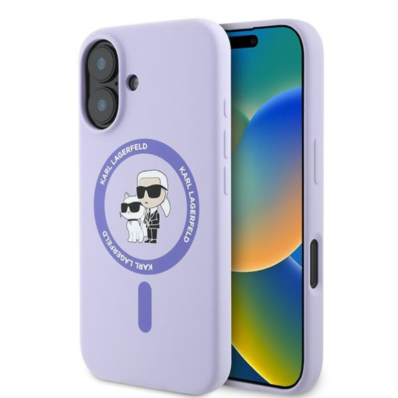 Karl Lagerfeld Silikoninis dėklas su Karl & Choupette ir MagSafe žiedu - iPhone 16 Plus (violetinis)