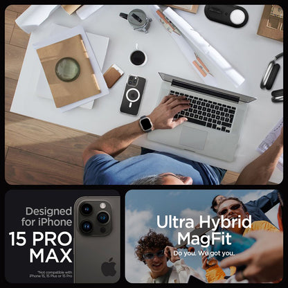 Spigen Ultra Hybrid MagSafe – dėklas, skirtas „iPhone 15 Pro Max“ (baltas)
