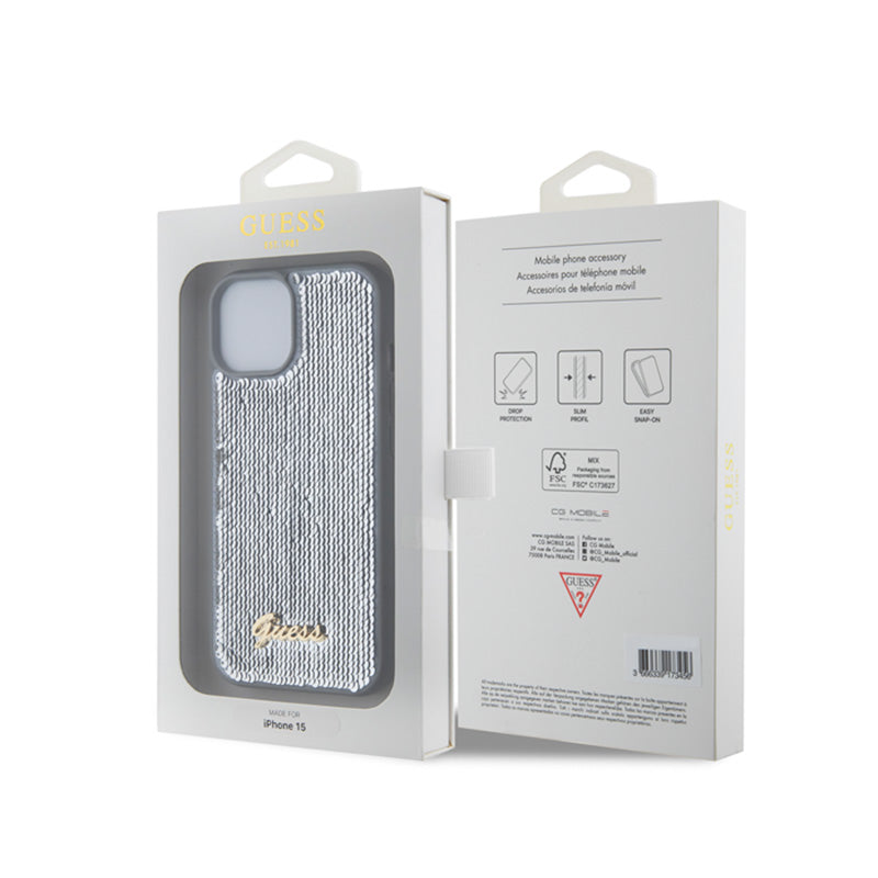 Guess dėklas su metaliniu blizgučių užrašu, skirtas „iPhone 15“ (sidabrinis)