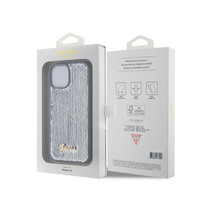 Guess dėklas su metaliniu blizgučių užrašu, skirtas „iPhone 15“ (sidabrinis)