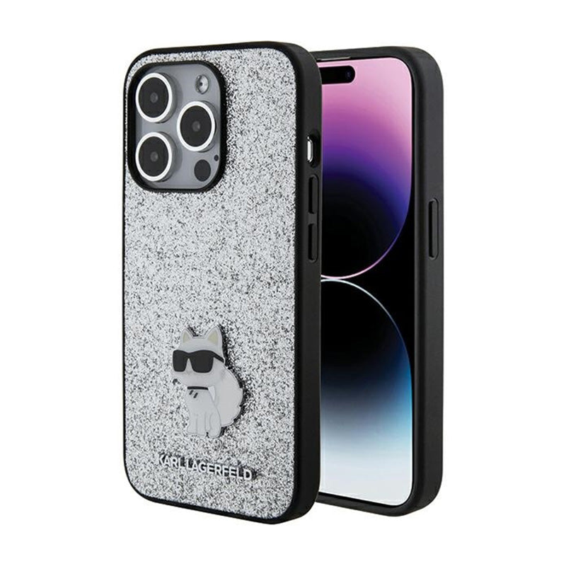 Karl Lagerfeld Fixed Glitter Choupette Logo Metal Pin – Dėklas iPhone 15 Pro Max (sidabro)