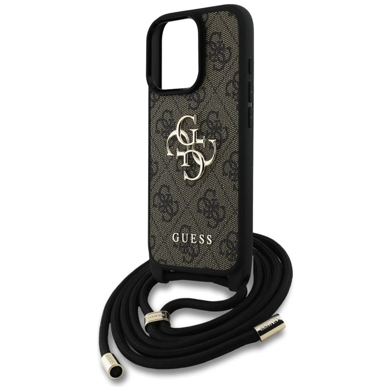 Guess 4G didelis logotipas su virvelės dirželiu – dėklas, skirtas iPhone 16 Pro (rudas)