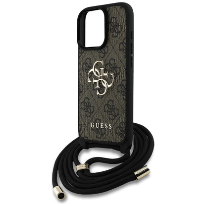Guess 4G didelis logotipas su virvelės dirželiu – dėklas, skirtas iPhone 16 Pro (rudas)