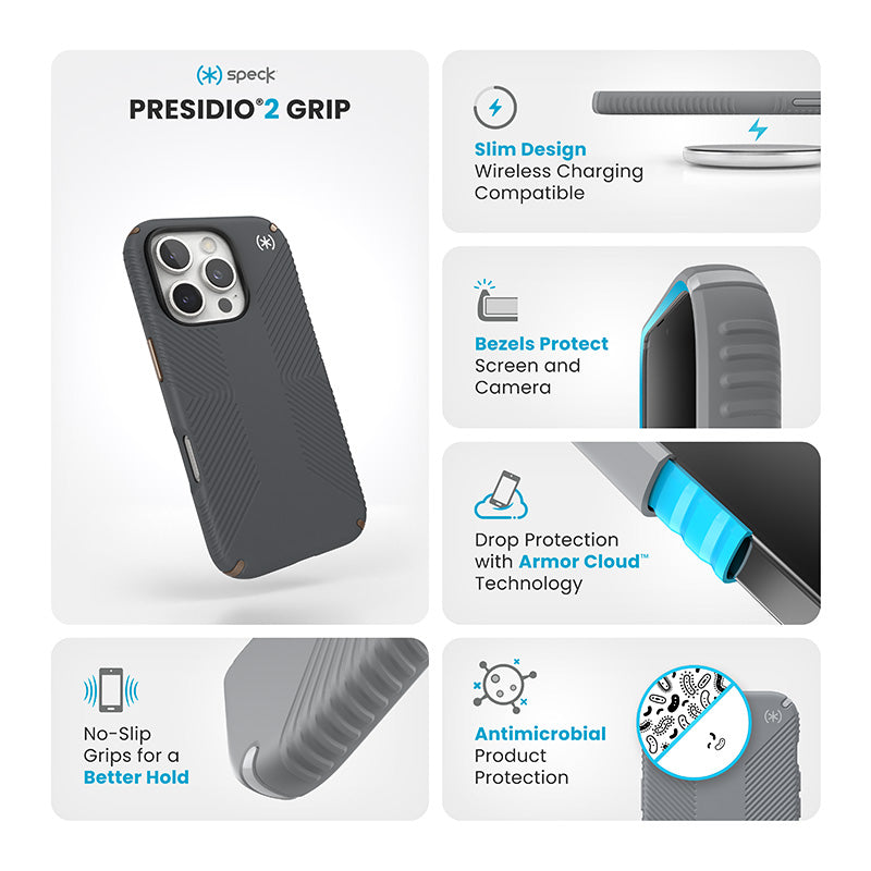 Speck Presidio2 Grip – Dėklas, skirtas „iPhone 16 Pro“ („Charcoal Grey“ / „Cool Bronze“ / „White“)