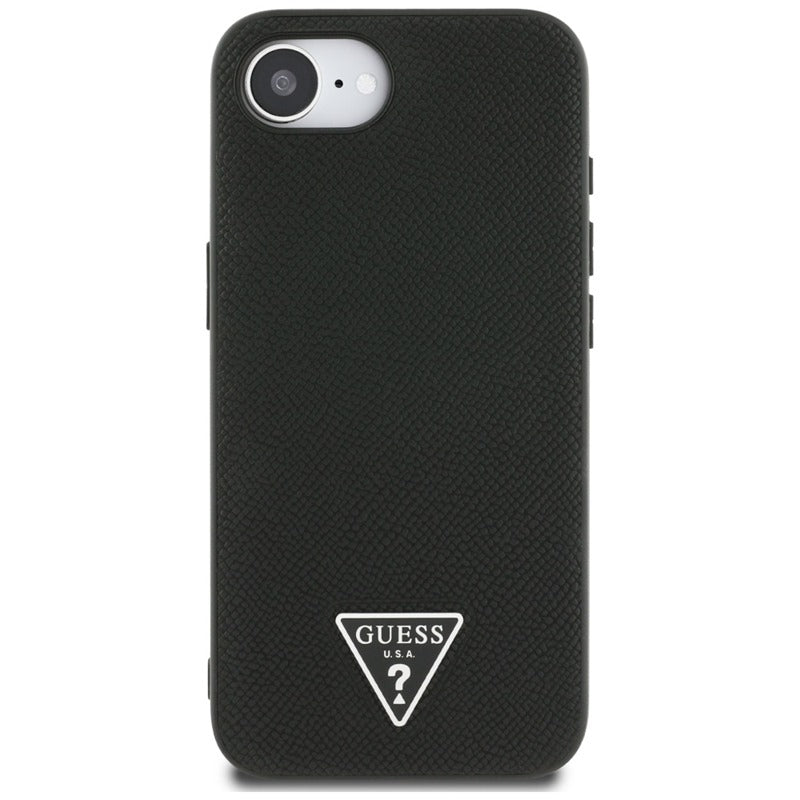 Guess Grained Triangle MagSafe - dėklas, skirtas iPhone 16e (juoda)