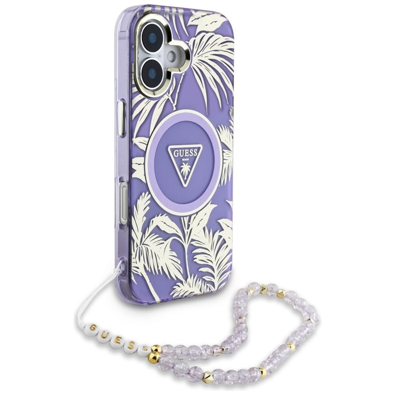 Guess Palm Trees Triangle Pearl Strap MagSafe – Dėklas skirtas iPhone 16 (violetinis)