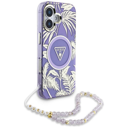 Guess Palm Trees Triangle Pearl Strap MagSafe – Dėklas skirtas iPhone 16 (violetinis)
