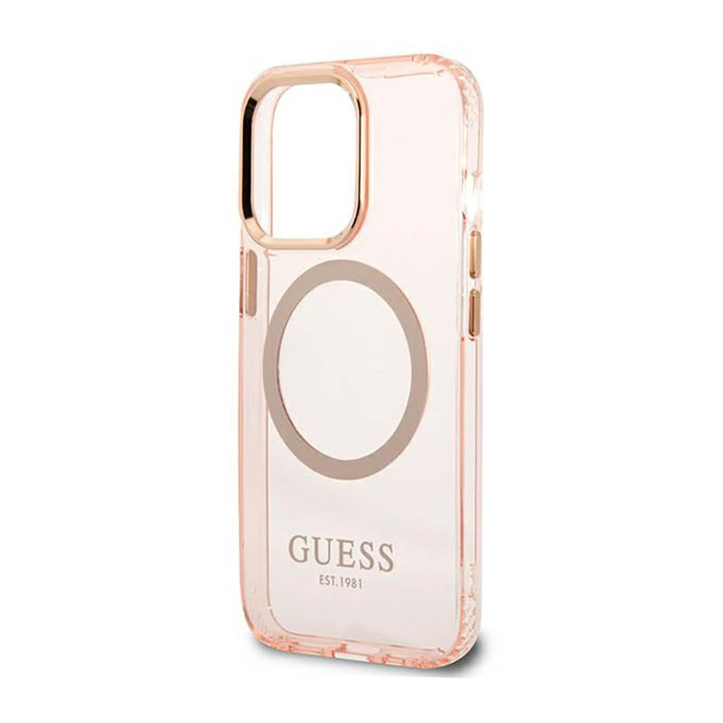Guess Gold Outline Translucent MagSafe – dėklas, skirtas iPhone 13 Pro (rožinis)