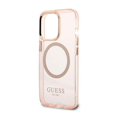 Guess Gold Outline Translucent MagSafe – dėklas, skirtas iPhone 13 Pro (rožinis)