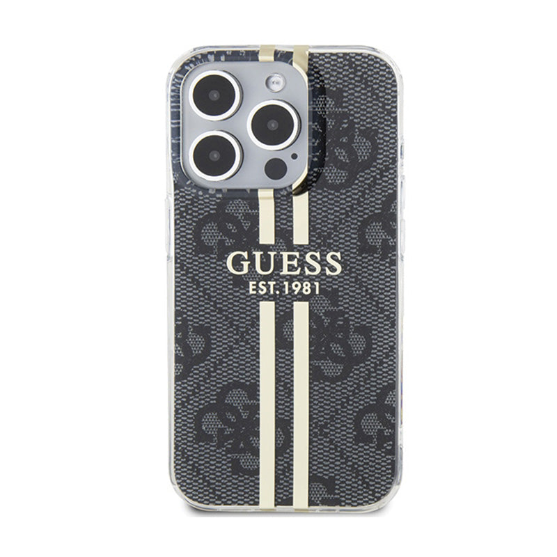 Guess IML 4G Gold Stripe – dėklas iPhone 15 Pro (juodas)