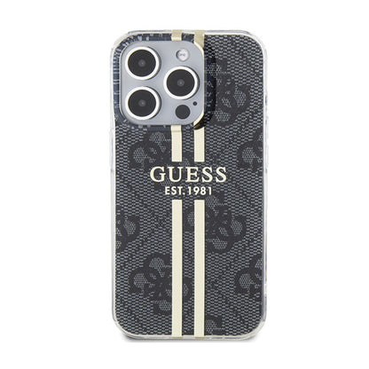 Guess IML 4G Gold Stripe – dėklas iPhone 15 Pro (juodas)