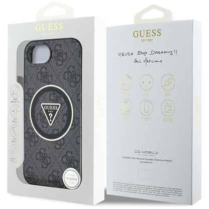 Guess IML Metal Glitter 4G Circle Triangle MagSafe – dėklas, skirtas iPhone 16e (juodas)