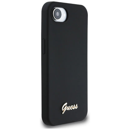 Guess Silicone Script Metal Logo MagSafe – dėklas, skirtas „iPhone 16e“ (juoda)