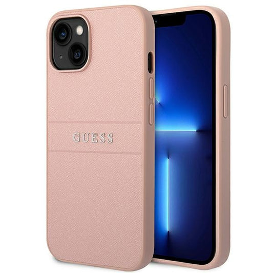 Guess Saffiano Metal Logo Stripes – dėklas, skirtas iPhone 14 Plus (rožinis)