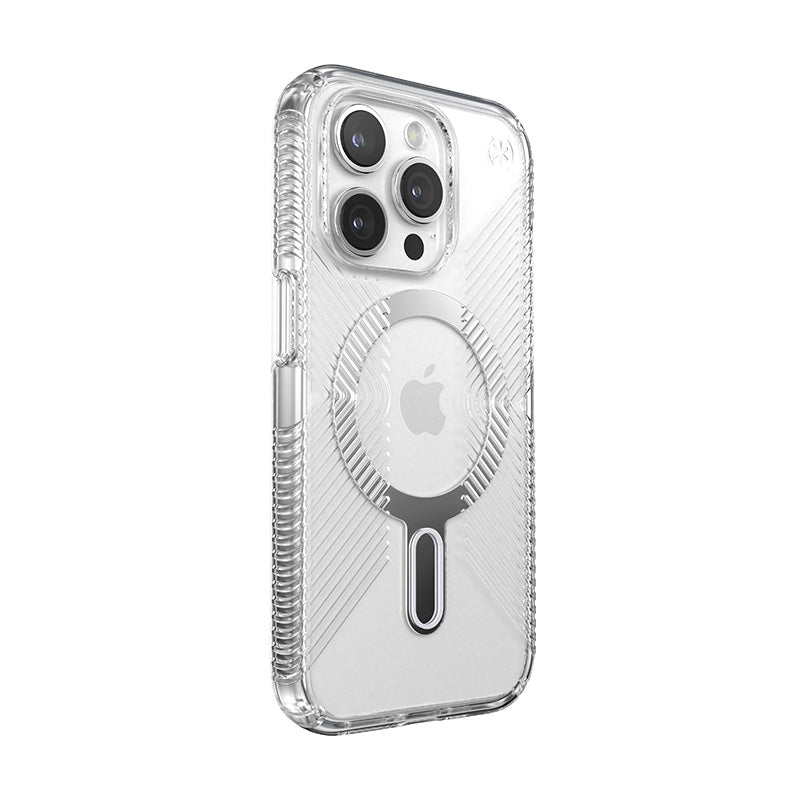 Speck Presidio Perfect-Clear Grip ClickLock & Magsafe – dėklas, skirtas iPhone 15 Pro (skaidrus / chromo apdaila / ramus sidabras)