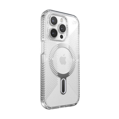 Speck Presidio Perfect-Clear Grip ClickLock & Magsafe – dėklas, skirtas iPhone 15 Pro (skaidrus / chromo apdaila / ramus sidabras)