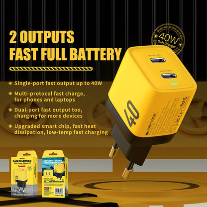 WEKOME WP-U128 – 2x USB-C „Super Fast Charge GaN“ 40W tinklo įkroviklis (geltonas)