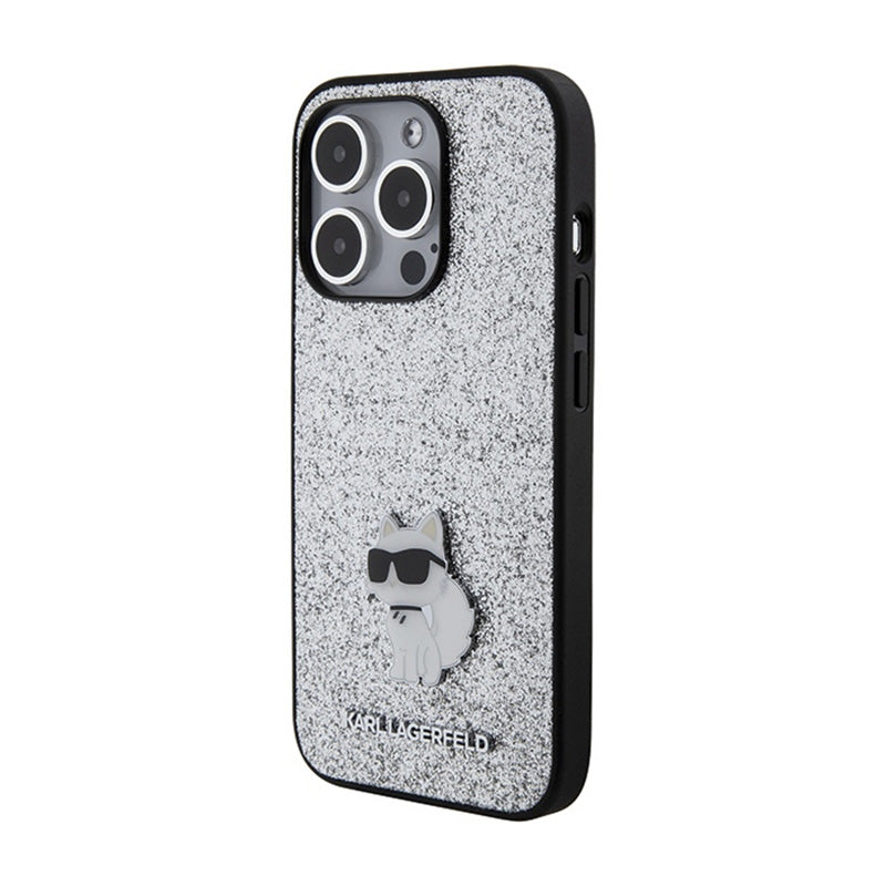 Karl Lagerfeld Fixed Glitter Choupette Logo Metal Pin – Dėklas iPhone 15 Pro Max (sidabro)