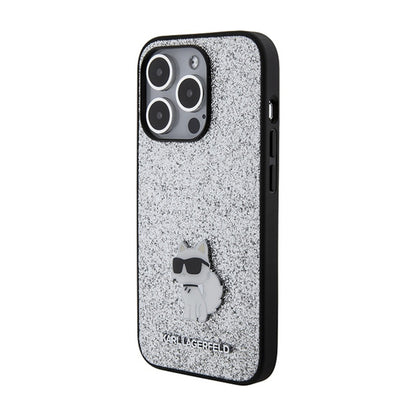 Karl Lagerfeld Fixed Glitter Choupette Logo Metal Pin – Dėklas iPhone 15 Pro Max (sidabro)