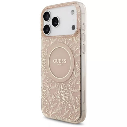 Guess IML Gėlės Elektrinė Perlų Rankenėlė MagSafe dėklas iPhone 17 Pro Max (rožinė)