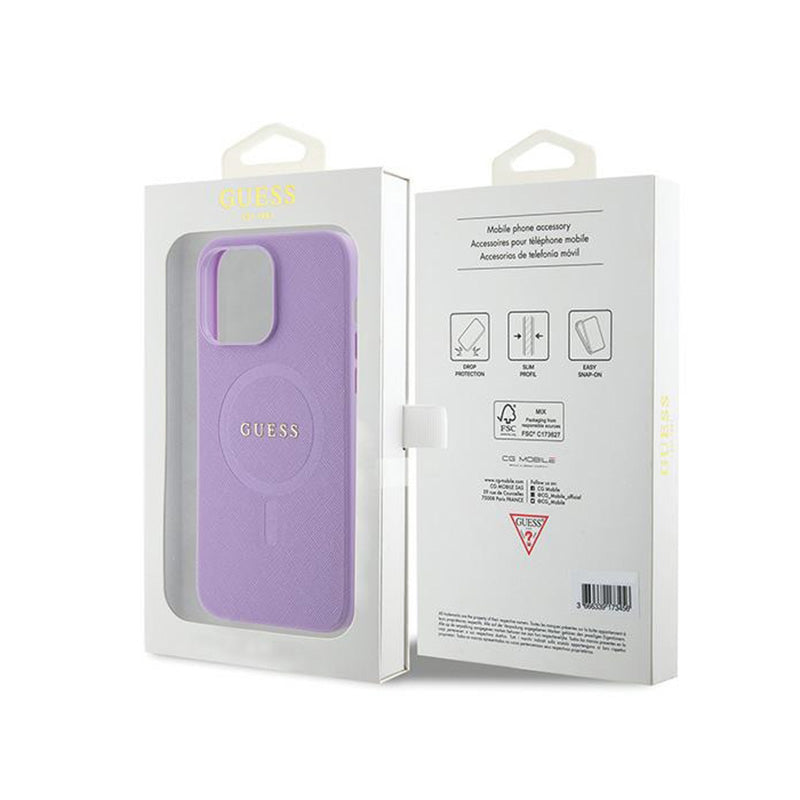 Guess Saffiano MagSafe – iPhone 15 Pro Max dėklas (violetinis)