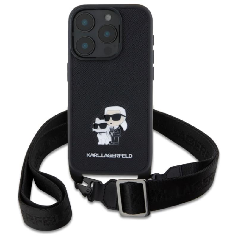 Karl Lagerfeld Saffiano Karl & Choupette Metal Pin CBDY Strap – dėklas skirtas iPhone 16 Pro (juodas)