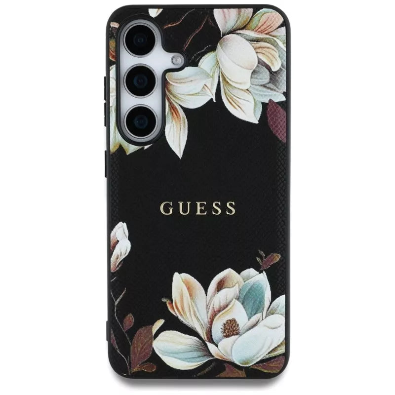 Guess Grained Printed Flower Pattern MagSafe – dėklas, skirtas Samsung Galaxy S25 (juodas)
