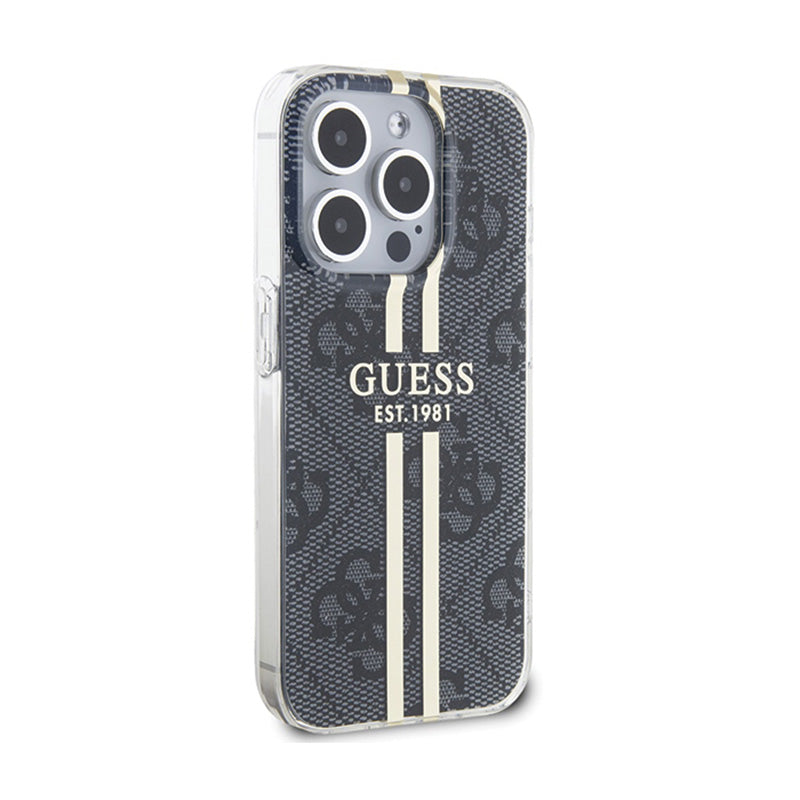 Guess IML 4G Gold Stripe – dėklas iPhone 15 Pro (juodas)