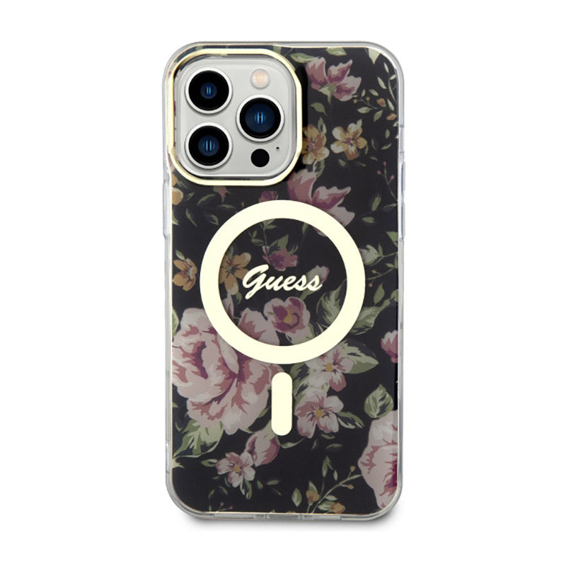 Guess Flower MagSafe – dėklas „iPhone 14 Pro Max“ (juodas)