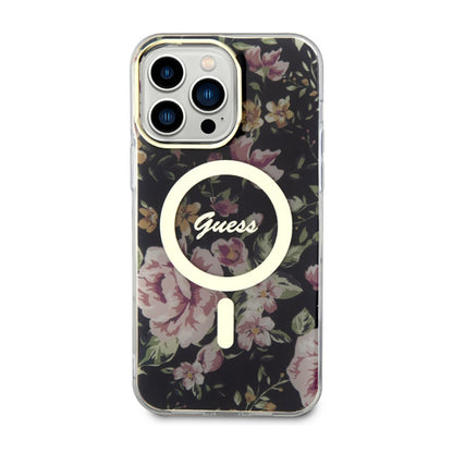 Guess Flower MagSafe – dėklas „iPhone 14 Pro Max“ (juodas)