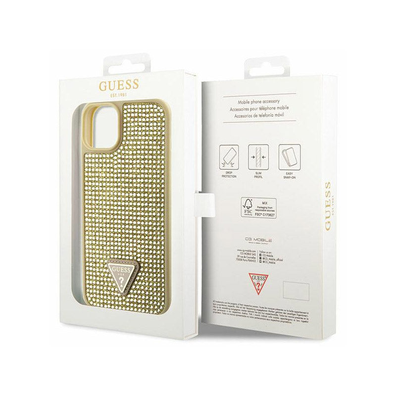 Guess Rhinestone Triangle – dėklas, skirtas „iPhone 14 Plus“ (auksinis)