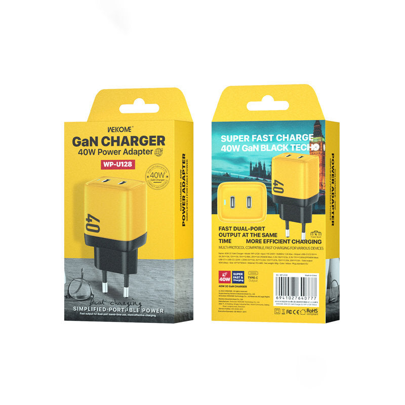 WEKOME WP-U128 – 2x USB-C „Super Fast Charge GaN“ 40W tinklo įkroviklis (geltonas)