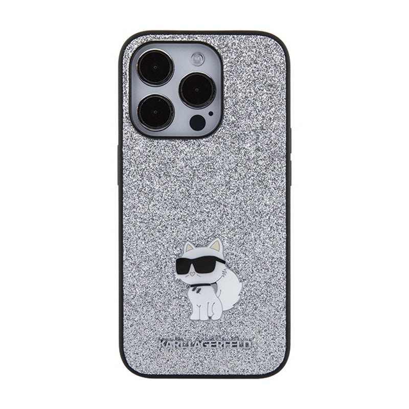 Karl Lagerfeld Fixed Glitter Choupette Logo Metal Pin – Dėklas iPhone 15 Pro Max (sidabro)
