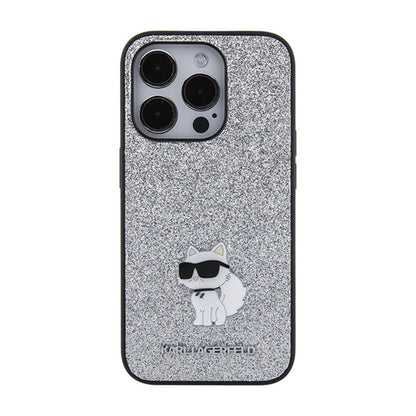 Karl Lagerfeld Fixed Glitter Choupette Logo Metal Pin – Dėklas iPhone 15 Pro Max (sidabro)