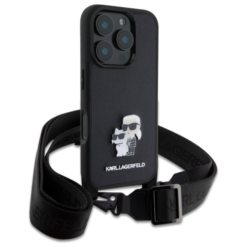 Karl Lagerfeld Saffiano Karl & Choupette Metal Pin CBDY Strap – dėklas skirtas iPhone 16 Pro (juodas)