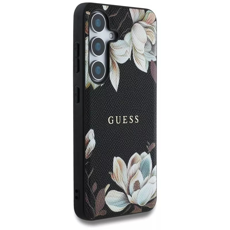 Guess Grained Printed Flower Pattern MagSafe – dėklas, skirtas Samsung Galaxy S25 (juodas)