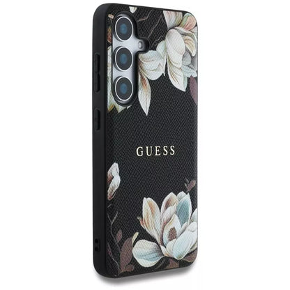 Guess Grained Printed Flower Pattern MagSafe – dėklas, skirtas Samsung Galaxy S25 (juodas)