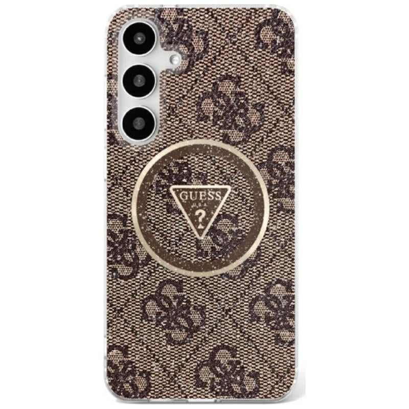 Guess 4G Glitter Triangle Buttons MagSafe – Dėklas, skirtas Samsung Galaxy S25 (rudas)