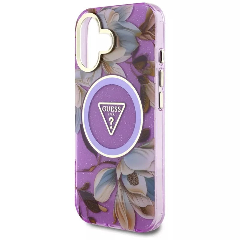 Guess Glitter Flowers Triangle Buttons MagSafe – dėklas, skirtas iPhone 16 (violetinė)