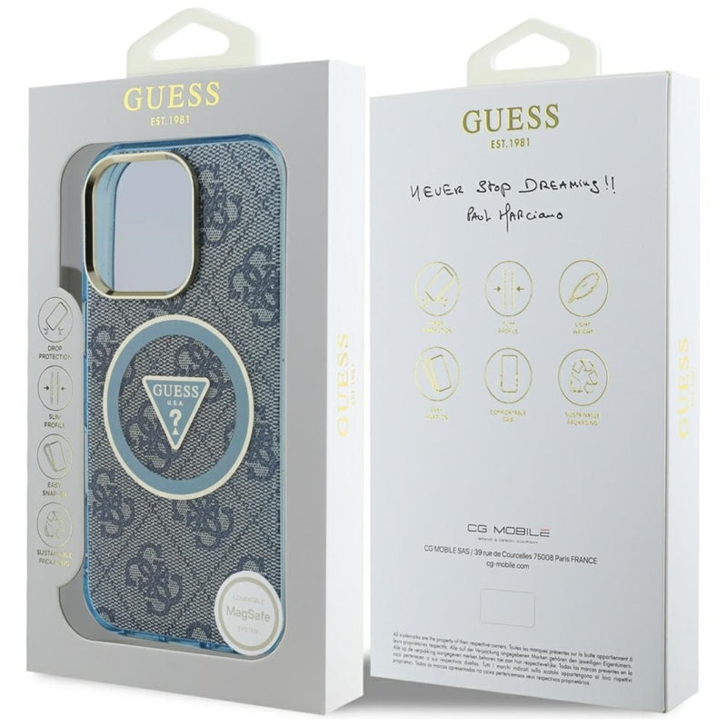 Guess IML Metal Glitter 4G Circle Triangle MagSafe – dėklas, skirtas iPhone 16 Pro Max (mėlynas)