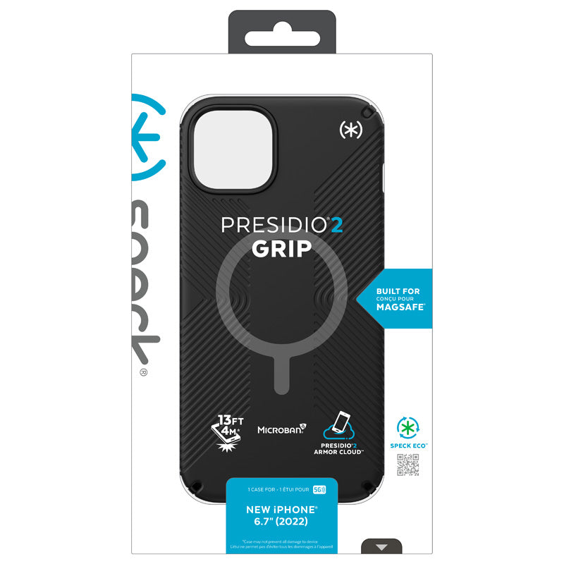 Speck Presidio2 Grip + MagSafe – dėklas iPhone 14 Plus su MICROBAN danga (juodas / juodas / baltas)