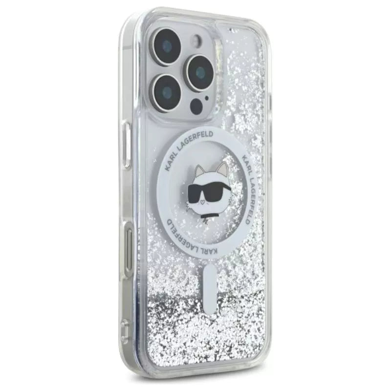 Karl Lagerfeld Liquid Glitter Choupette Head MagSafe – „iPhone 16 Pro“ dėklas (permatomas)