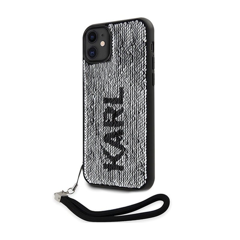 Karl Lagerfeld Sequins Cord – dėklas su virvele, skirtas iPhone 11 (sidabrinis)