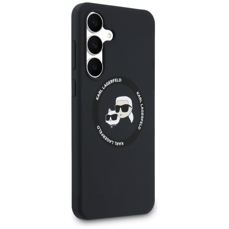 Karl Lagerfeld Silikoninis Karl & Choupette Galvutės MagSafe – Dėklas Samsung Galaxy S25 FE (juodas)