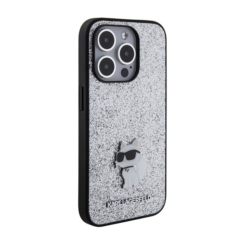 Karl Lagerfeld Fixed Glitter Choupette Logo Metal Pin – Dėklas iPhone 15 Pro Max (sidabro)