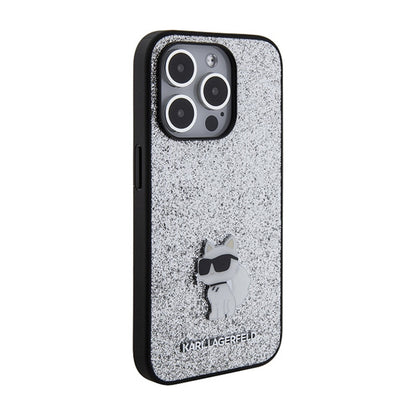 Karl Lagerfeld Fixed Glitter Choupette Logo Metal Pin – Dėklas iPhone 15 Pro Max (sidabro)