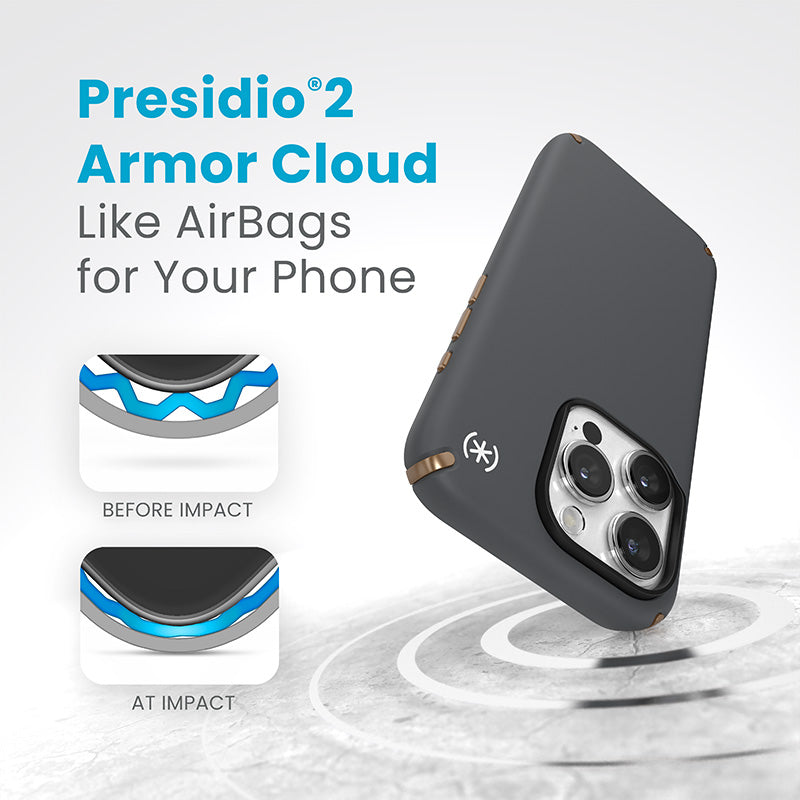 Speck Presidio2 Pro Magsafe - iPhone 15 Pro dėklas (anglies pilka / vėsi bronza / balta)