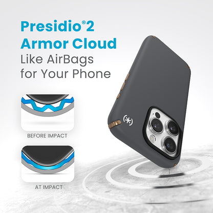 Speck Presidio2 Pro Magsafe - iPhone 15 Pro dėklas (anglies pilka / vėsi bronza / balta)
